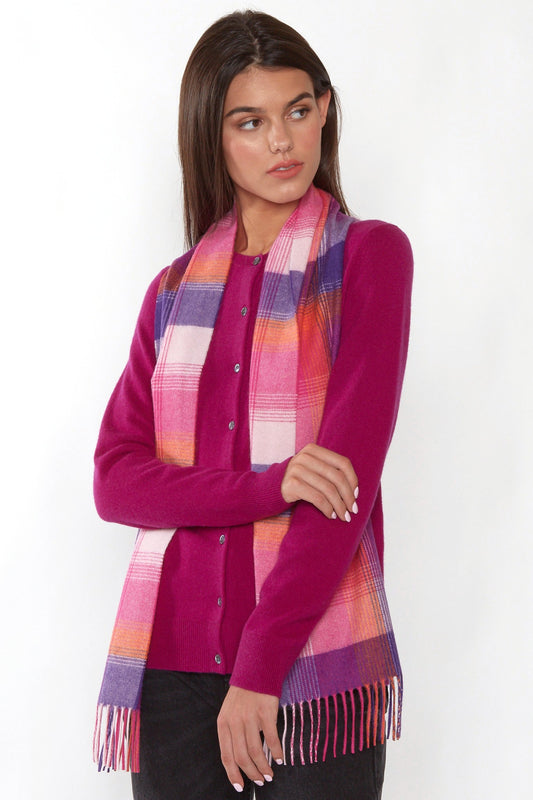 Women's Plaid Cashmere Scarf in Pink Purple Orange, side view by JENNIE LIU