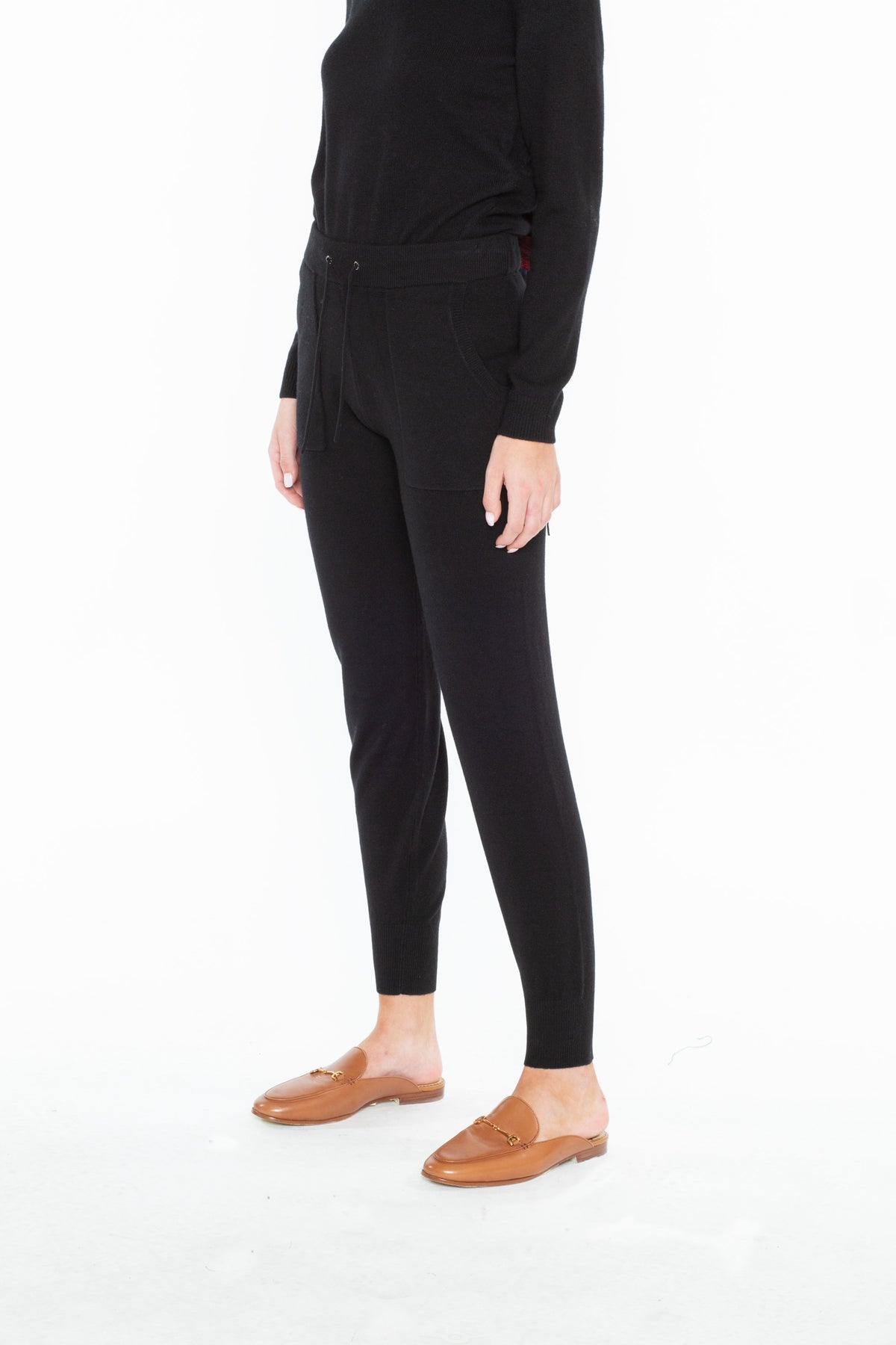 Women's Cashmere Jogger Pants in Black, side view by JENNIE LIU