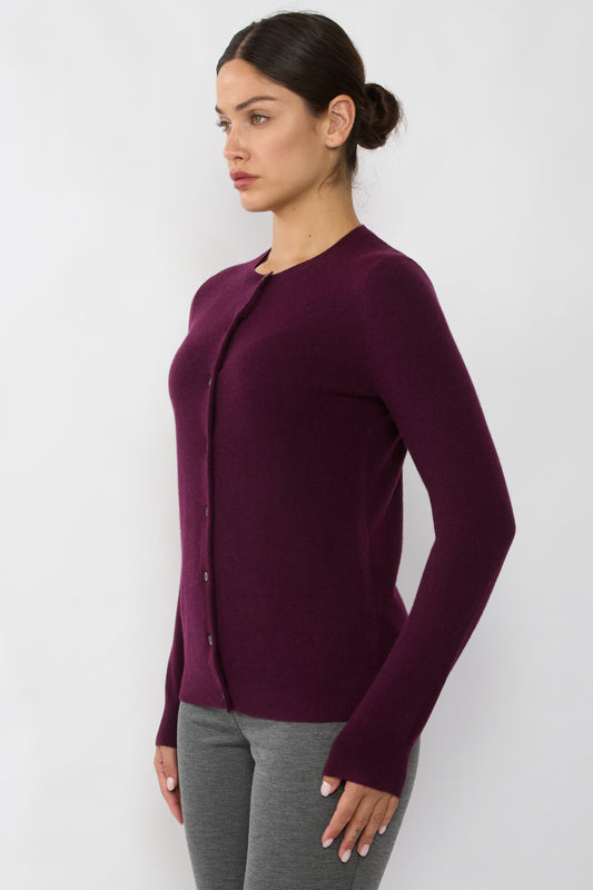 JENNIE LIU Women's 100% Cashmere Button Front Long Sleeve Crewneck Cardigan Sweater