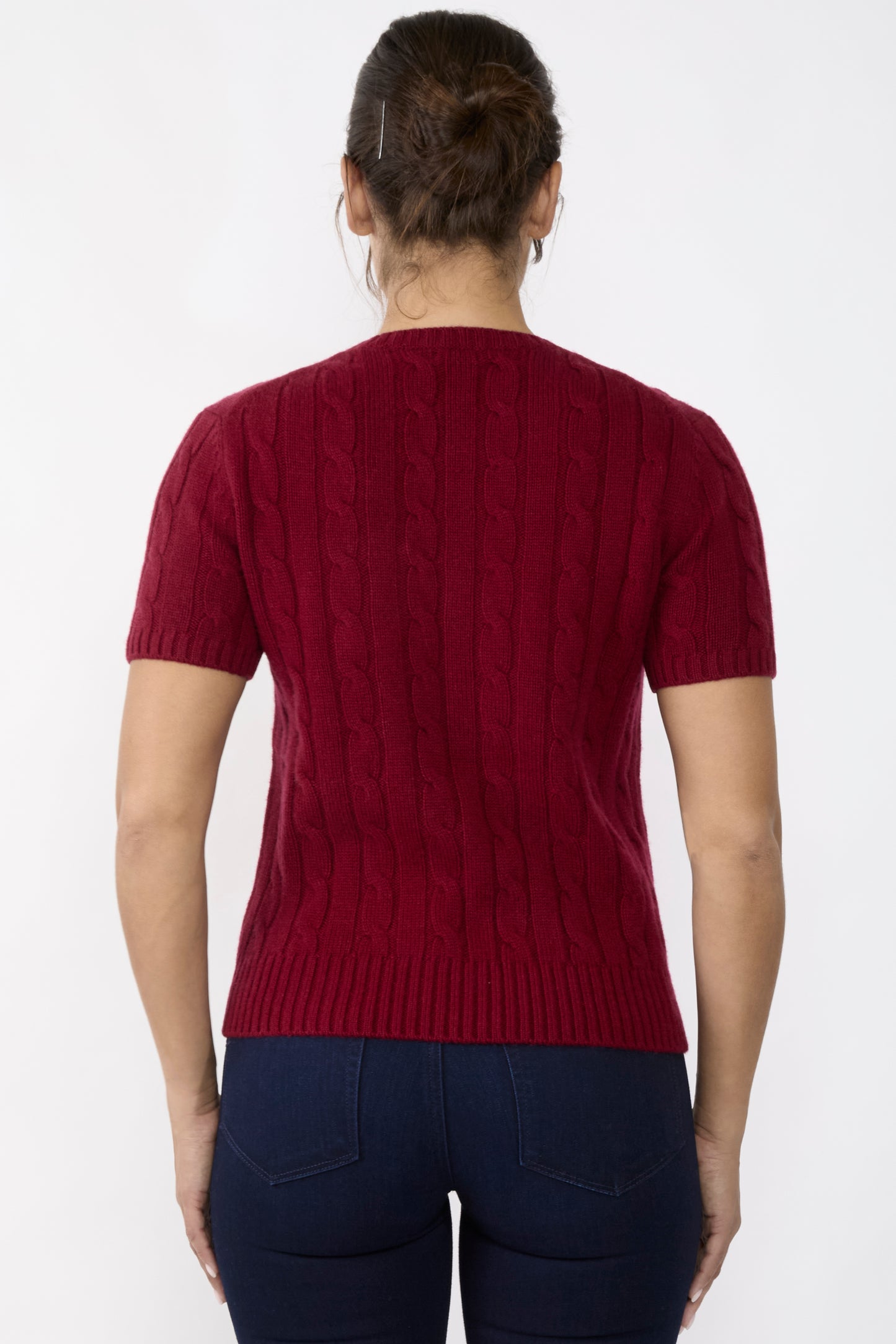 JENNIE LIU Womens 70% Wool 30% Cashmere Chuncky Cable-knit Crewneck Short Sleeve Sweater