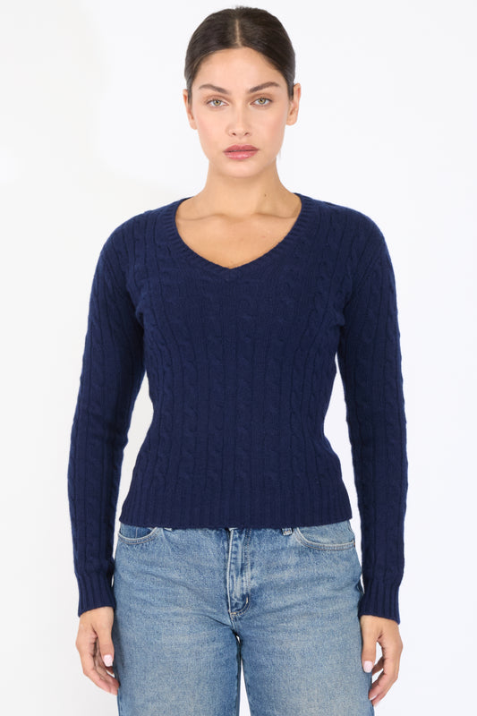JENNIE LIU 100% Cashmere V-Neck Sweater | Chuncky Cashmere Cable-knit Sweaters for Women