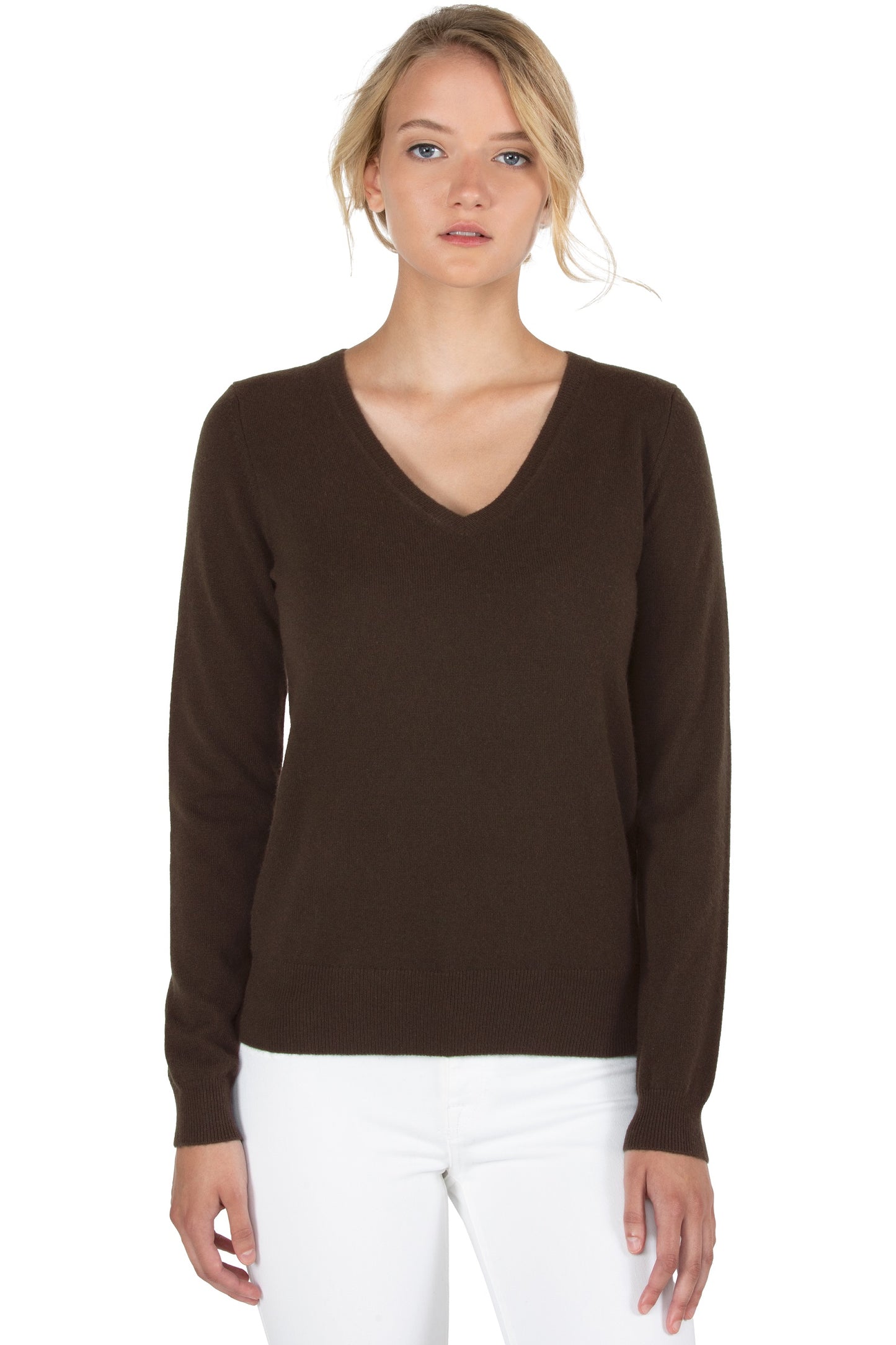 JENNIE LIU Women's 100% Pure Cashmere Long Sleeve Pullover V Neck Sweater