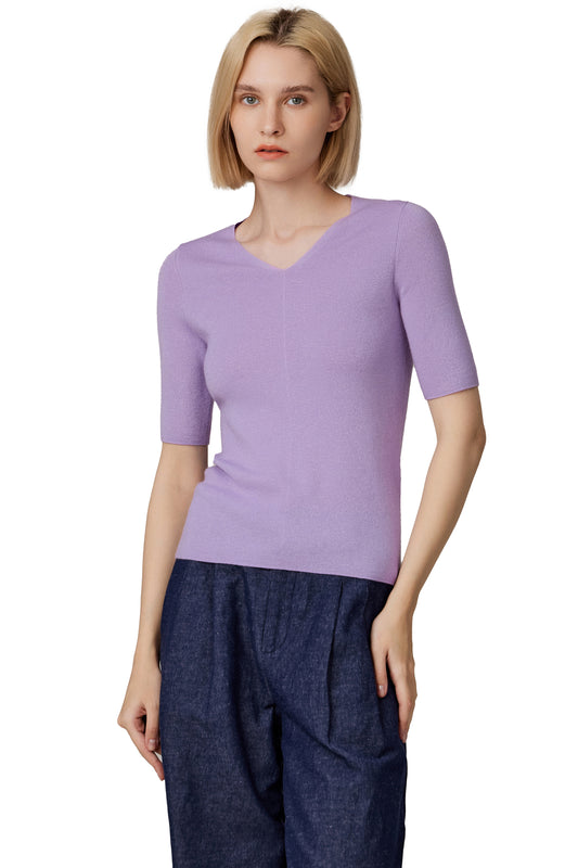 JENNIE LIU Women's Merino Wool Lurex Sweater | Shimmer Fine gauge V-Neck Short Sleeve Top | Machine Washable Pullover for Women