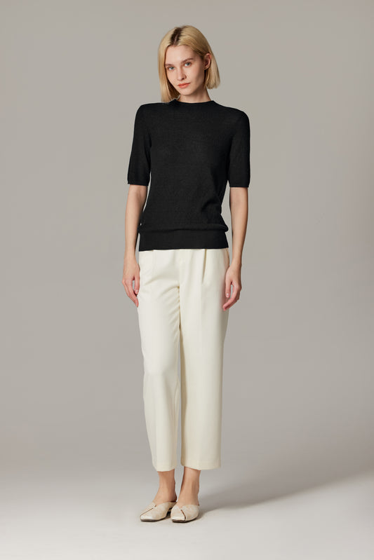 JENNIE LIU Women's Funnel Neck Short Sleeve Sweater | 75% Merino Wool 25% Silk Ultra Soft Fine-gauge Knit Top | Machine Washable