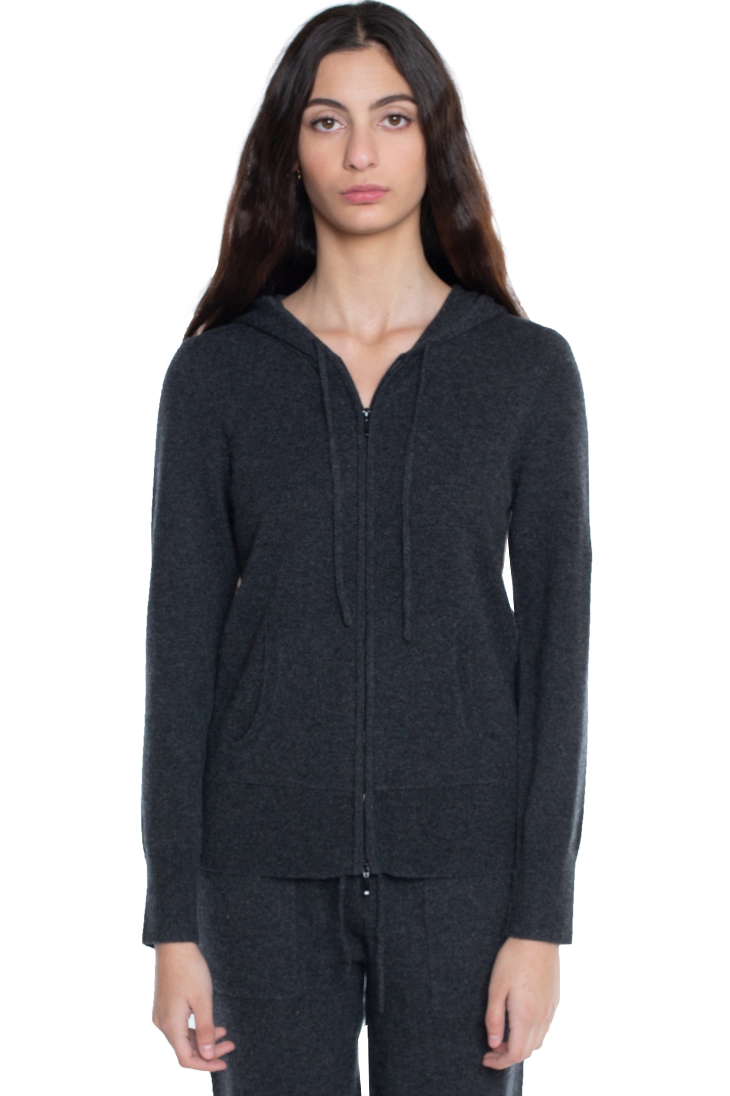 JENNIE LIU Women's 100% Pure Cashmere Long Sleeve Zip Hoodie Cardigan Sweater