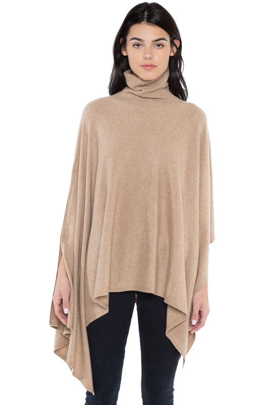 J CASHMERE Women's 100% Pure Cashmere Cowl-Neck Asymmetric Poncho Sweater