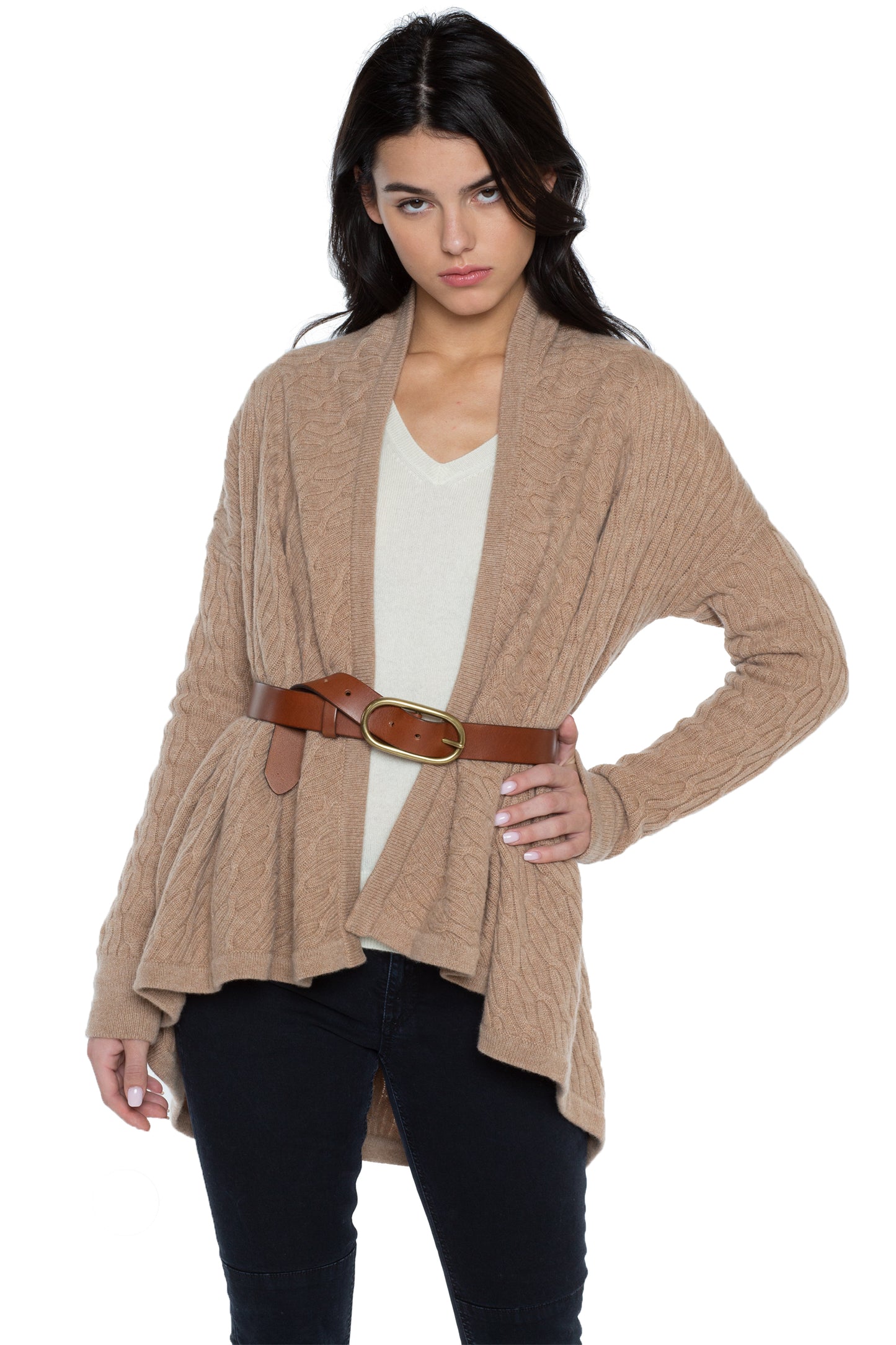JENNIE LIU Women's 100% Pure Cashmere 4-ply Cable-Knit Drape-Front Open Cardigan Sweater