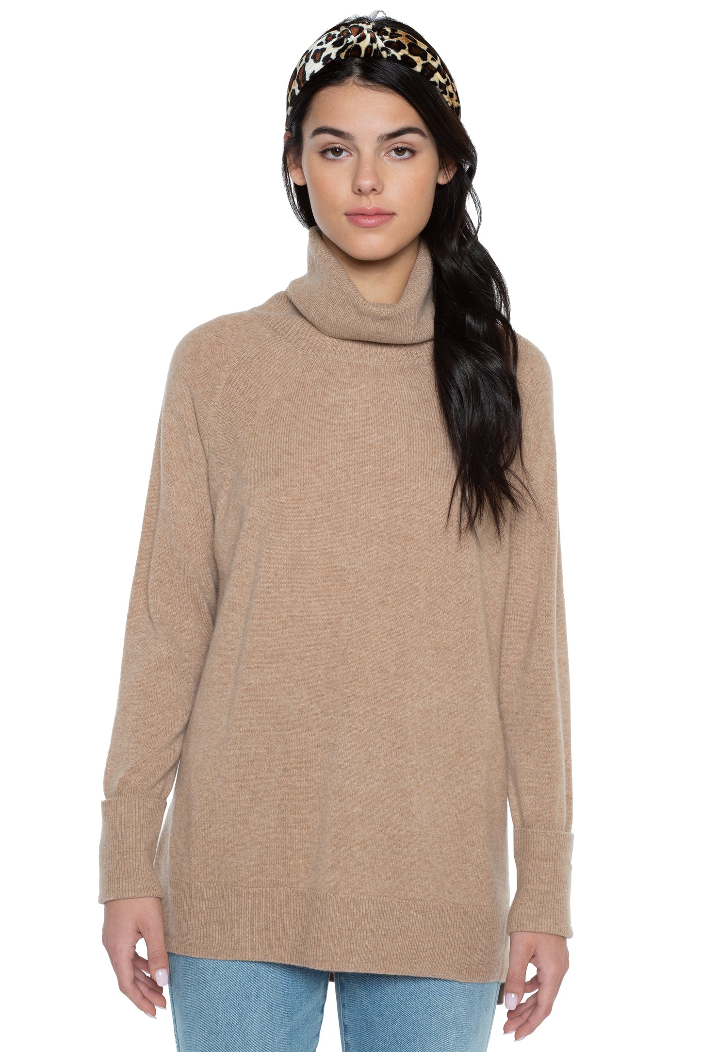JENNIE LIU Women's 100% Pure Cashmere Cowl-Neck Raglan Tunic High-Low Sweater