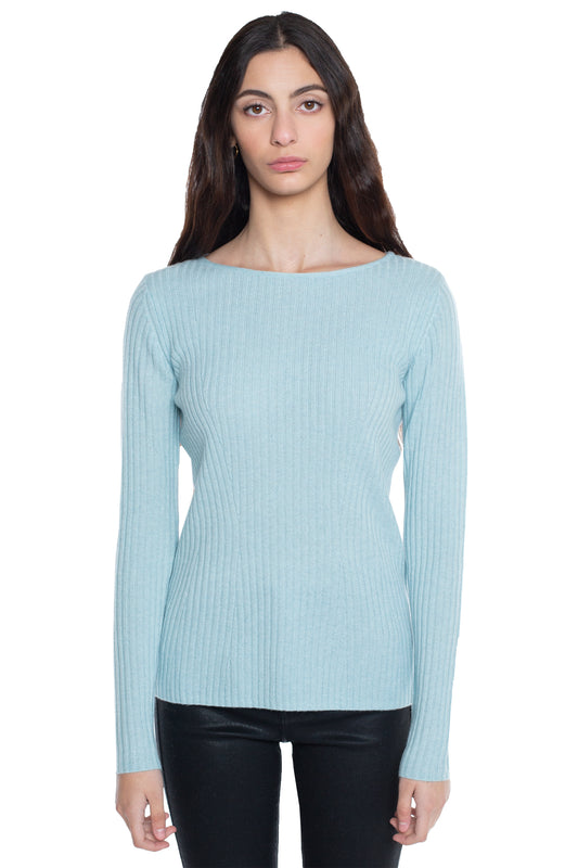 JENNIE LIU WOMEN'S 100% PURE CASHMERE LONG SLEEVE RIBBED BOATNECK SWEATER