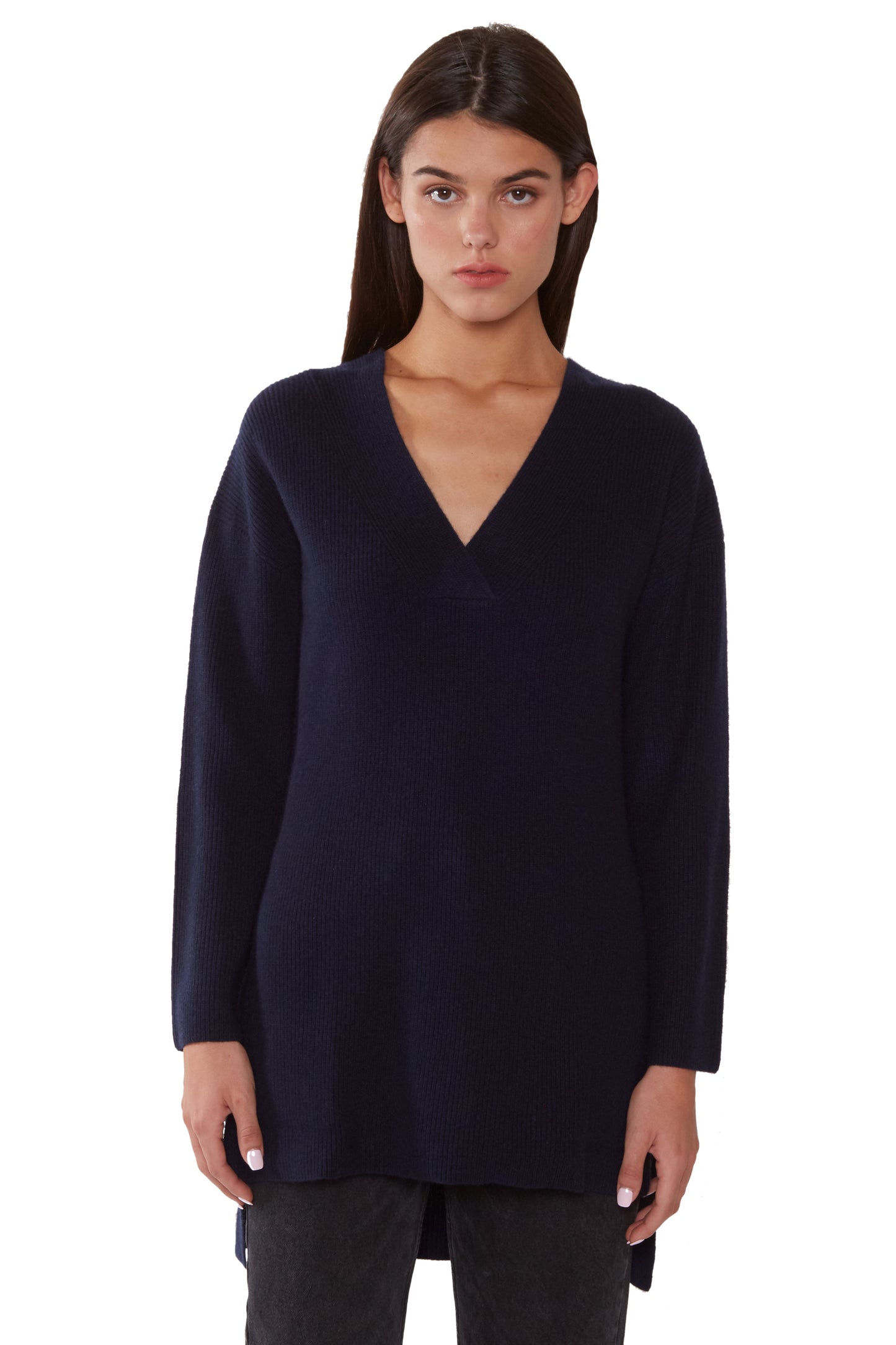 JENNIE LIU WOMEN'S 100% PURE CASHMERE LONG SLEEVE RIBBED TUNIC SWEATER