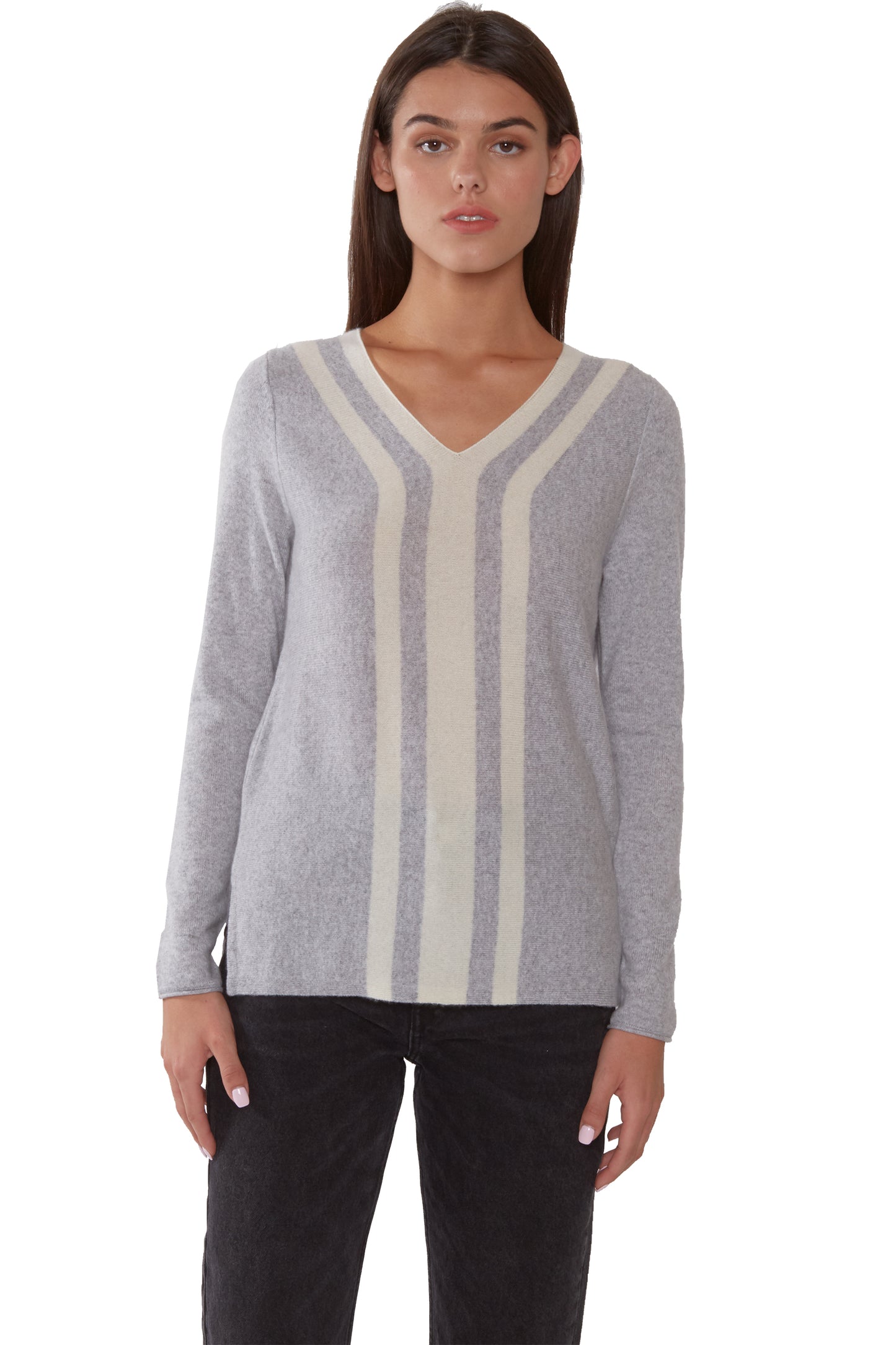 J CASHMERE WOMEN'S 100% CASHMERE STRIPE V NECK SWEATER