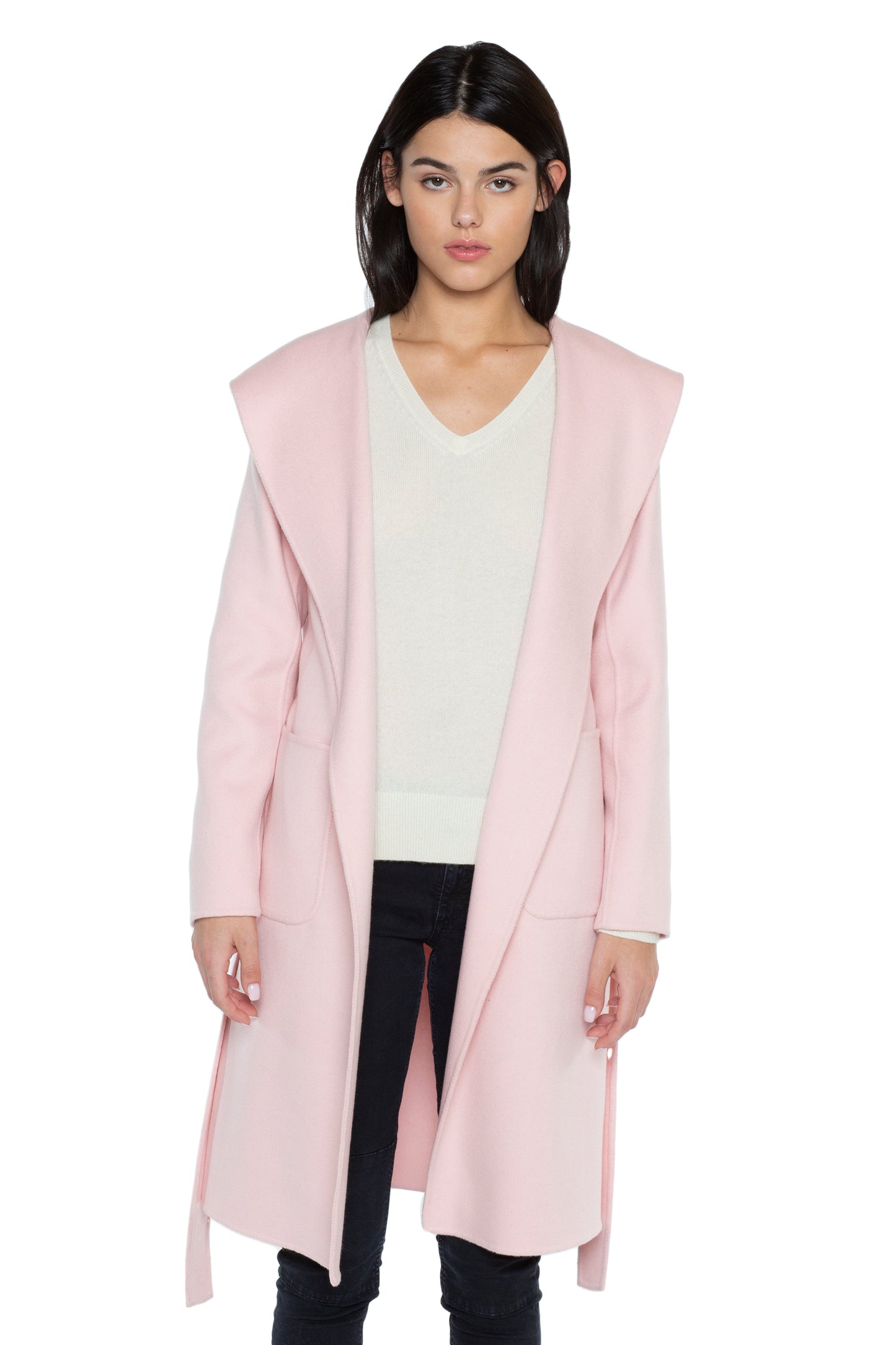 JENNIE LIU WOMEN'S CASHMERE WOOL DOUBLE FACE HOODED TRENCH COAT WITH BELT