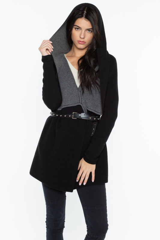 JENNIE LIU WOMEN'S 100% PURE CASHMERE LONG SLEEVE 2-TONE DOUBLE FACE CASCADE OPEN CARDIGAN SWEATER