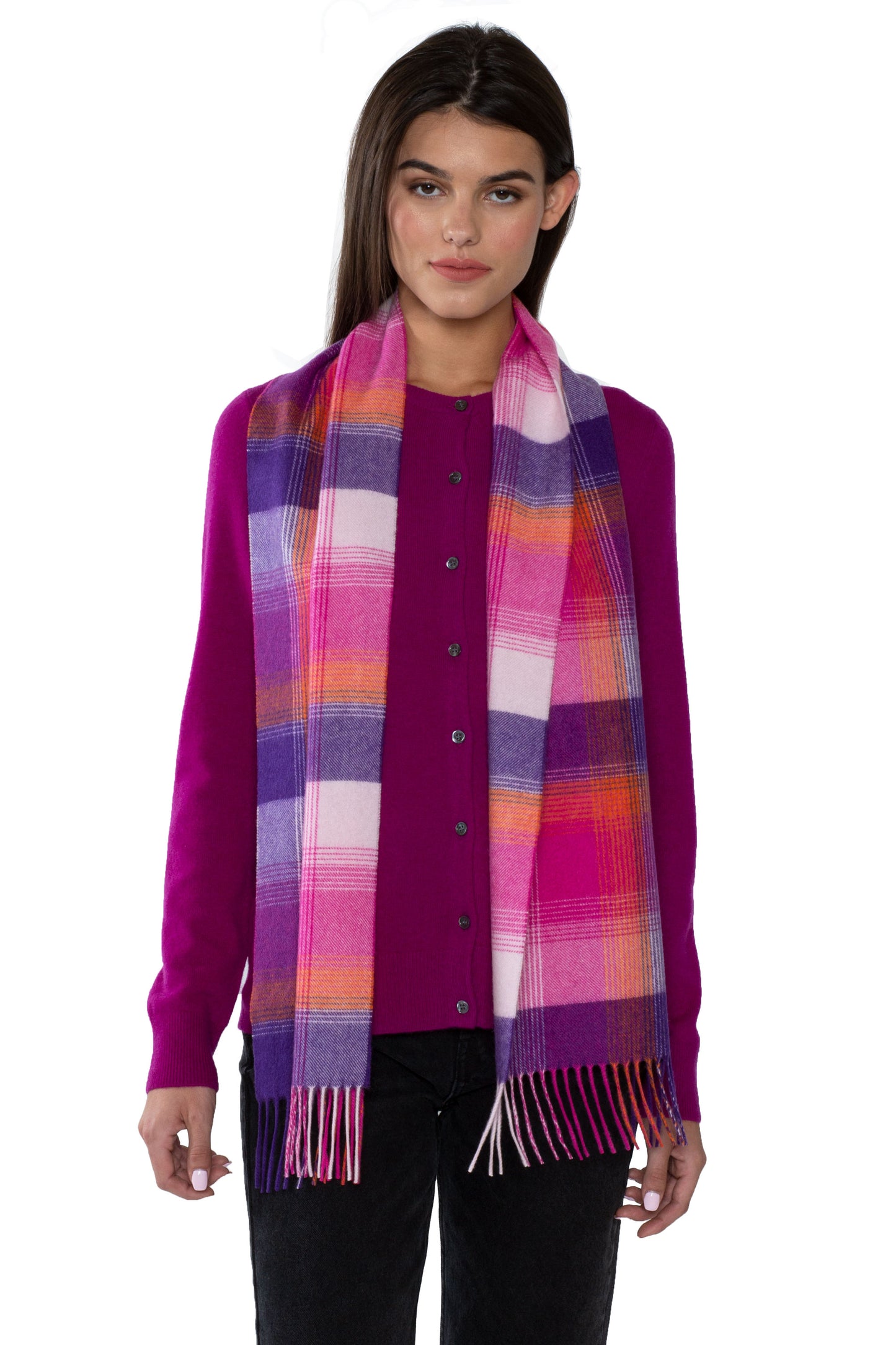 JENNIE LIU Womens 100% Cashmere Scarf (FD39-G0761-PinkPurpleOrange, Plaid Checked)