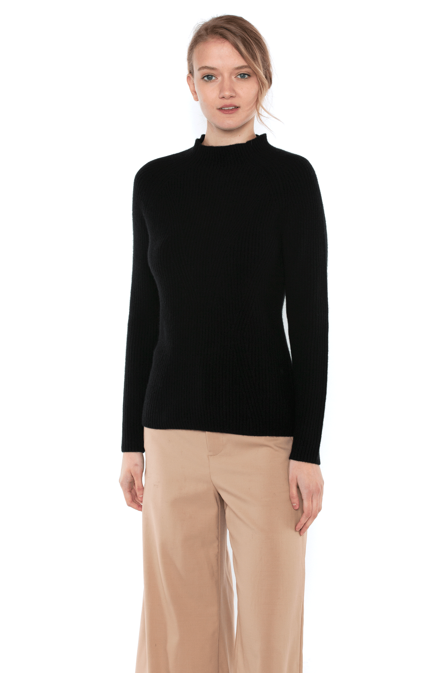 JENNIE LIU WOMEN'S 100% PURE CASHMERE LONG SLEEVE CHUNCKY RIB FUNNEL NECK SWEATER