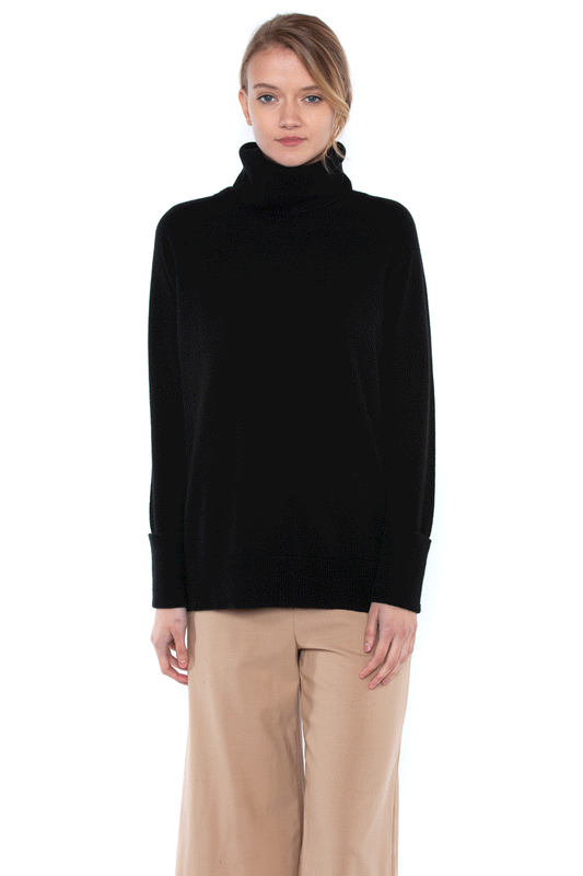 JENNIE LIU Women's 100% Pure Cashmere Cowl-Neck Raglan Tunic High-Low Sweater