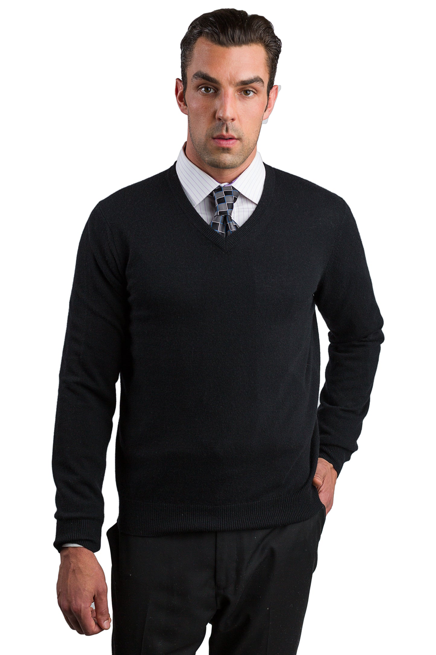 JENNIE LIU Men's 100% Pure Cashmere Long Sleeve Pullover V Neck Sweater
