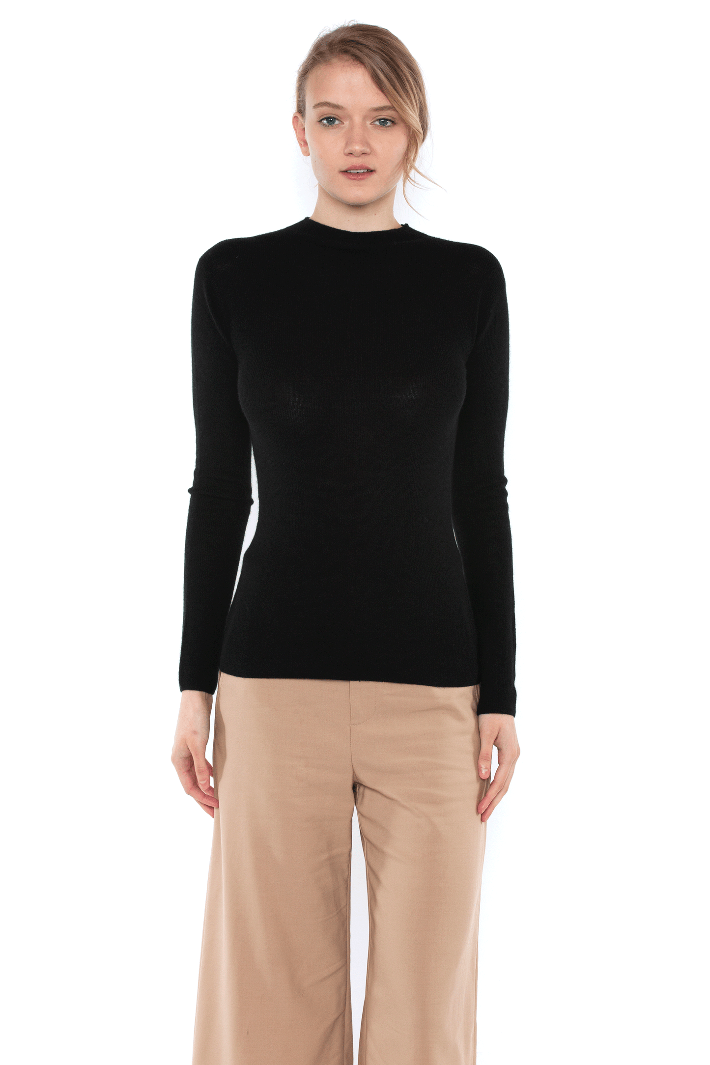JENNIE LIU Tissue Weight 55% Silk 45% Cashmere Waffle-Knit Long Sleeve Mock Neck Sweater