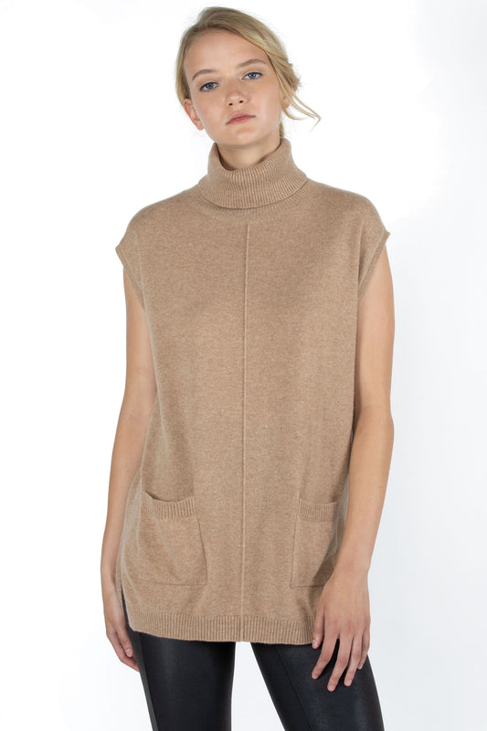 JENNIE LIU WOMEN'S 100% PURE CASHMERE SLEEVELESS TURTLENECK HI-LO TUNIC SWEATER