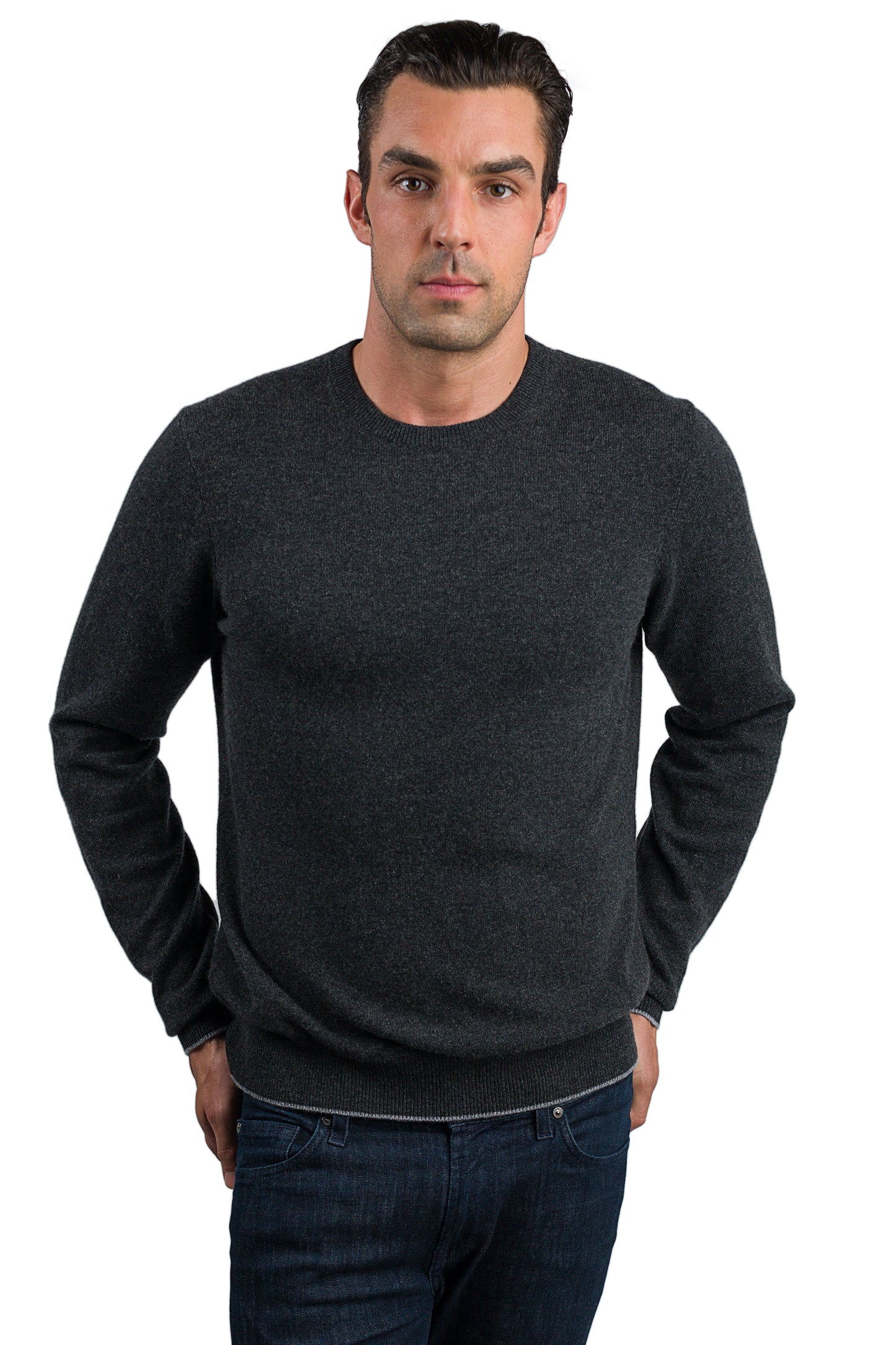 JENNIE LIU Men's 100% Pure Cashmere Long Sleeve Pullover Crewneck Sweater