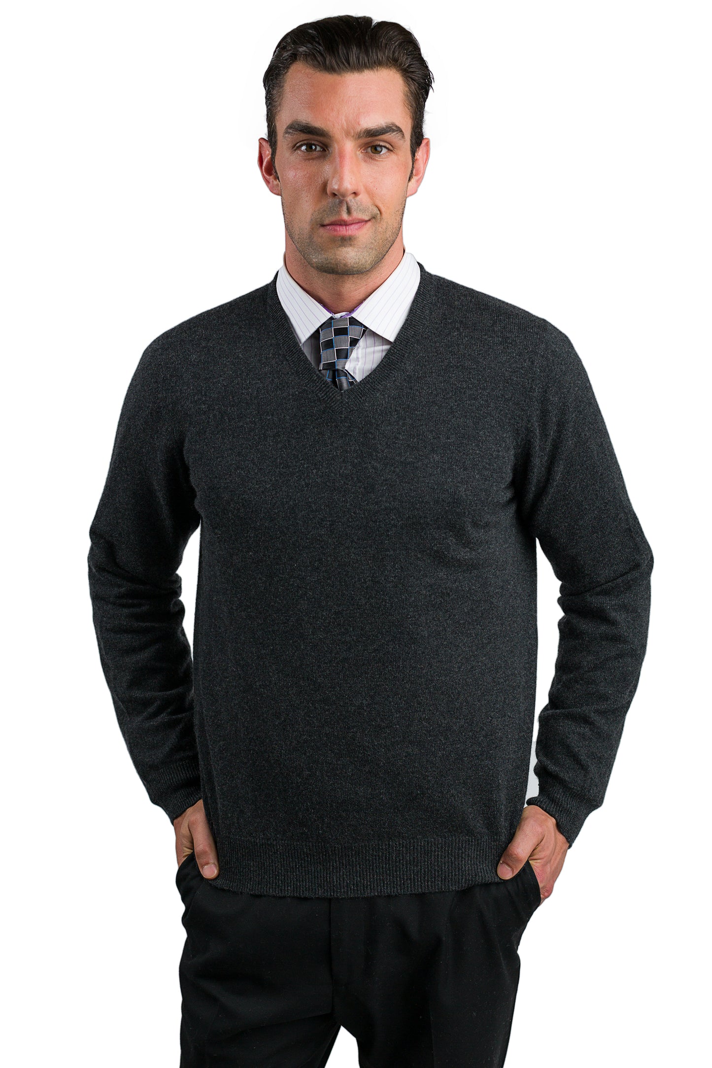 JENNIE LIU Men's 100% Pure Cashmere Long Sleeve Pullover V Neck Sweater
