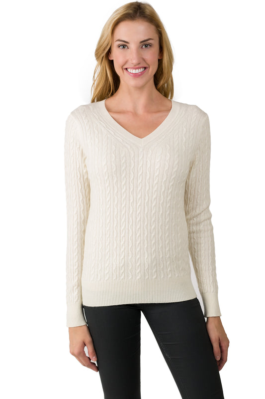 J CASHMERE By JENNIE LIU Women's 100% Cashmere Long Sleeve Pullover Cable-knit V-neck Sweater