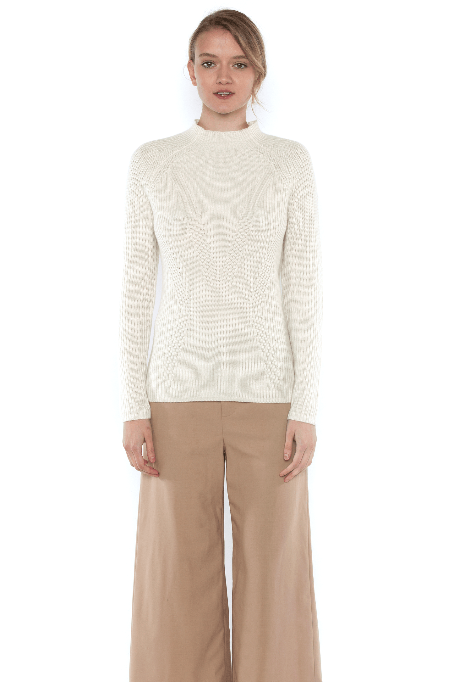 JENNIE LIU WOMEN'S 100% PURE CASHMERE LONG SLEEVE CHUNCKY RIB FUNNEL NECK SWEATER
