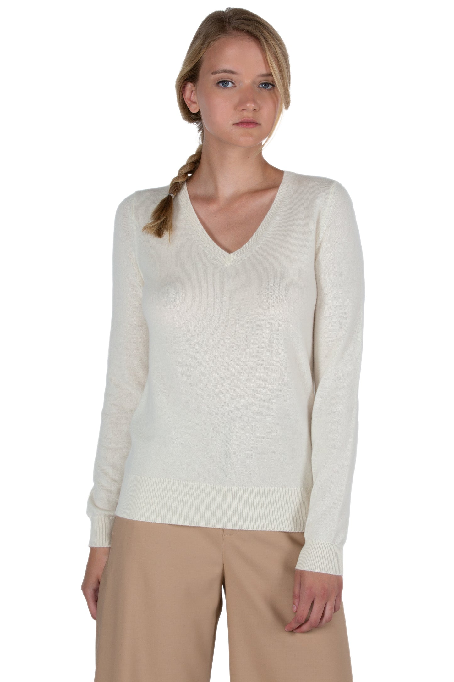 JENNIE LIU Women's 100% Pure Cashmere Long Sleeve Pullover V Neck Sweater