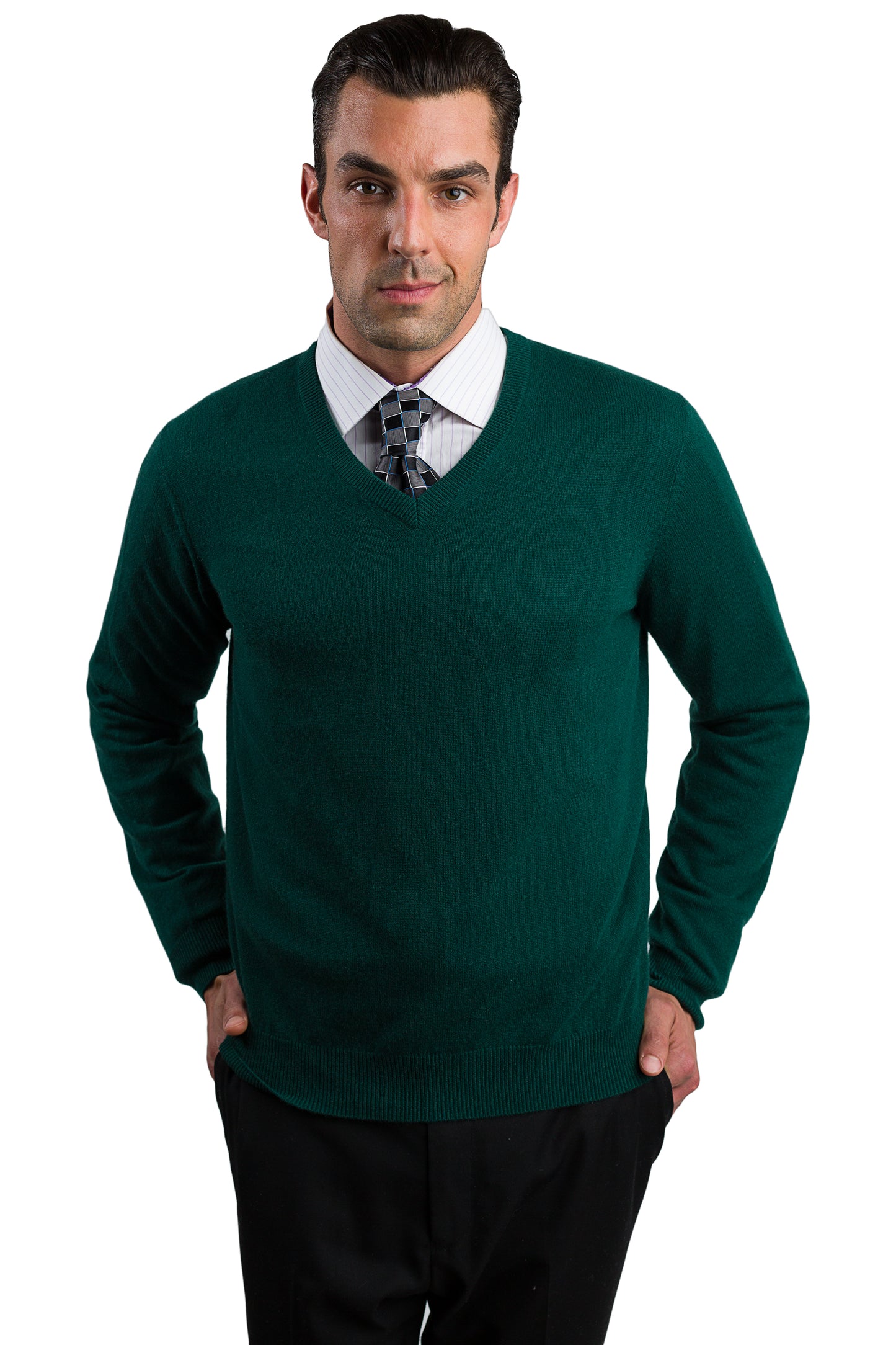 JENNIE LIU Men's 100% Pure Cashmere Long Sleeve Pullover V Neck Sweater