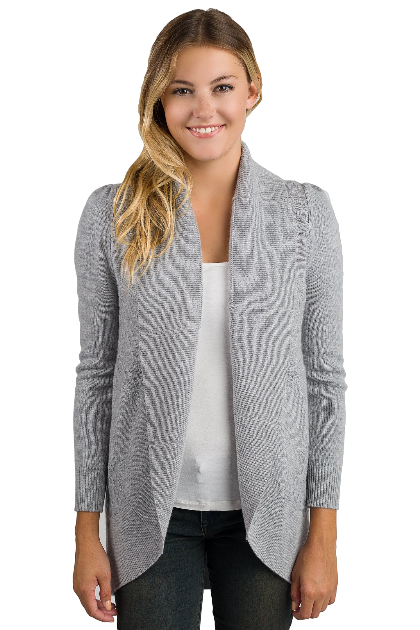 JENNIE LIU Women's 100% Pure Cashmere Long Sleeve Celine Cable-Knit Open Cardigan Sweater