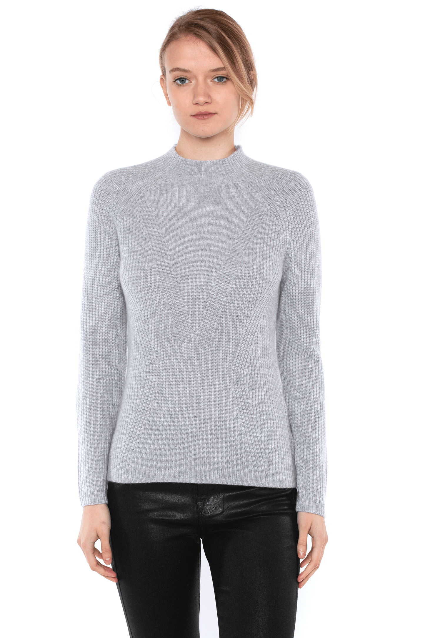 JENNIE LIU WOMEN'S 100% PURE CASHMERE LONG SLEEVE CHUNCKY RIB FUNNEL NECK SWEATER