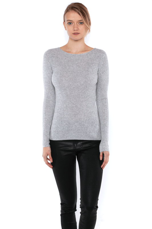 JENNIE LIU WOMEN'S 100% PURE CASHMERE LONG SLEEVE RIBBED BOATNECK SWEATER