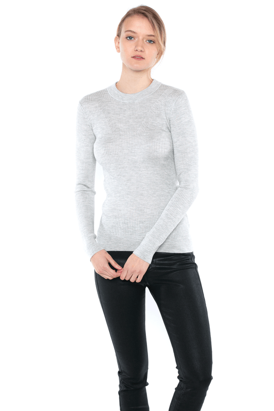 JENNIE LIU TISSUE WEIGHT 55% SILK 45% CASHMERE RIBBED LONG SLEEVE CREW NECK SWEATER