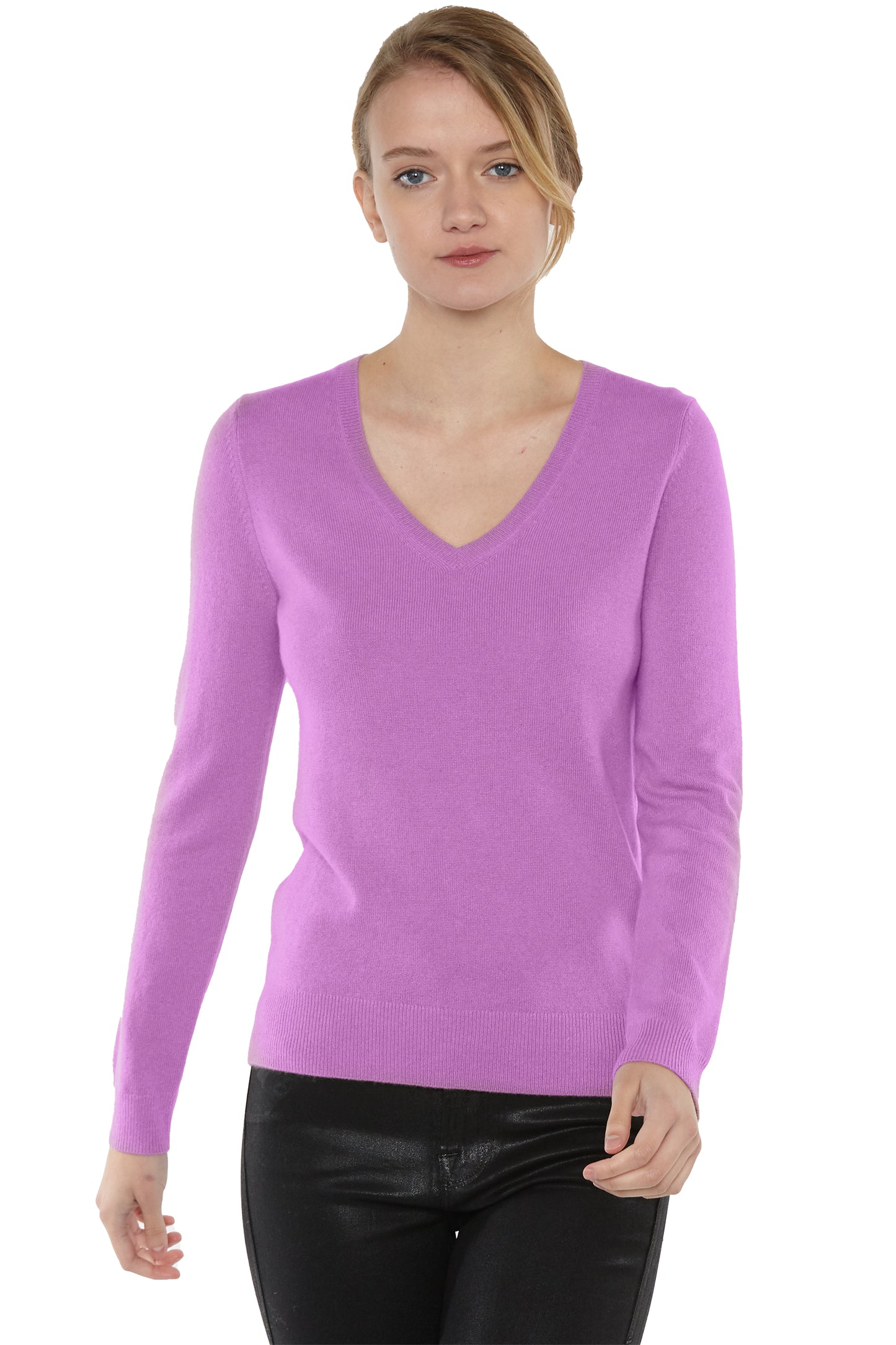 JENNIE LIU Women's 100% Pure Cashmere Long Sleeve Pullover V Neck Sweater