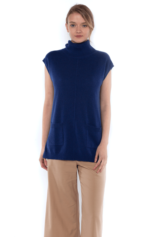JENNIE LIU WOMEN'S 100% PURE CASHMERE SLEEVELESS TURTLENECK HI-LO TUNIC SWEATER