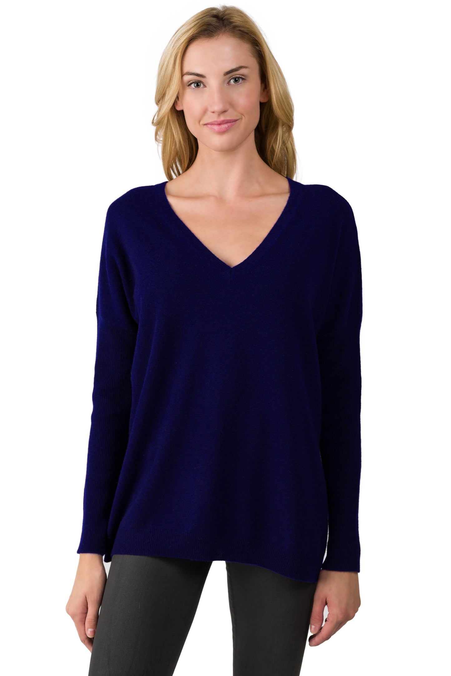 J CASHMERE Women's 100% Cashmere Slouchy Dolman Sleeve Double V Neck Sweater