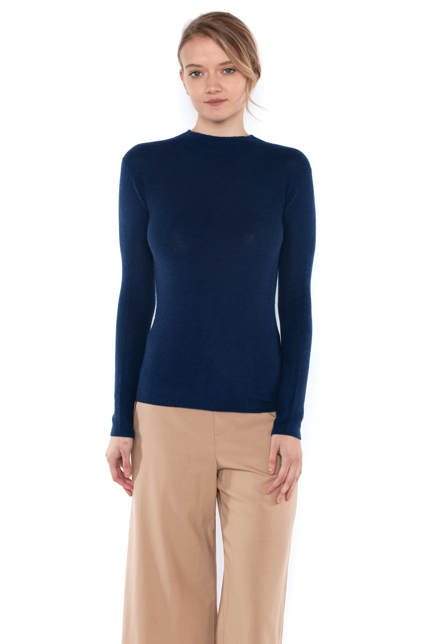 JENNIE LIU Tissue Weight 55% Silk 45% Cashmere Waffle-Knit Long Sleeve Mock Neck Sweater