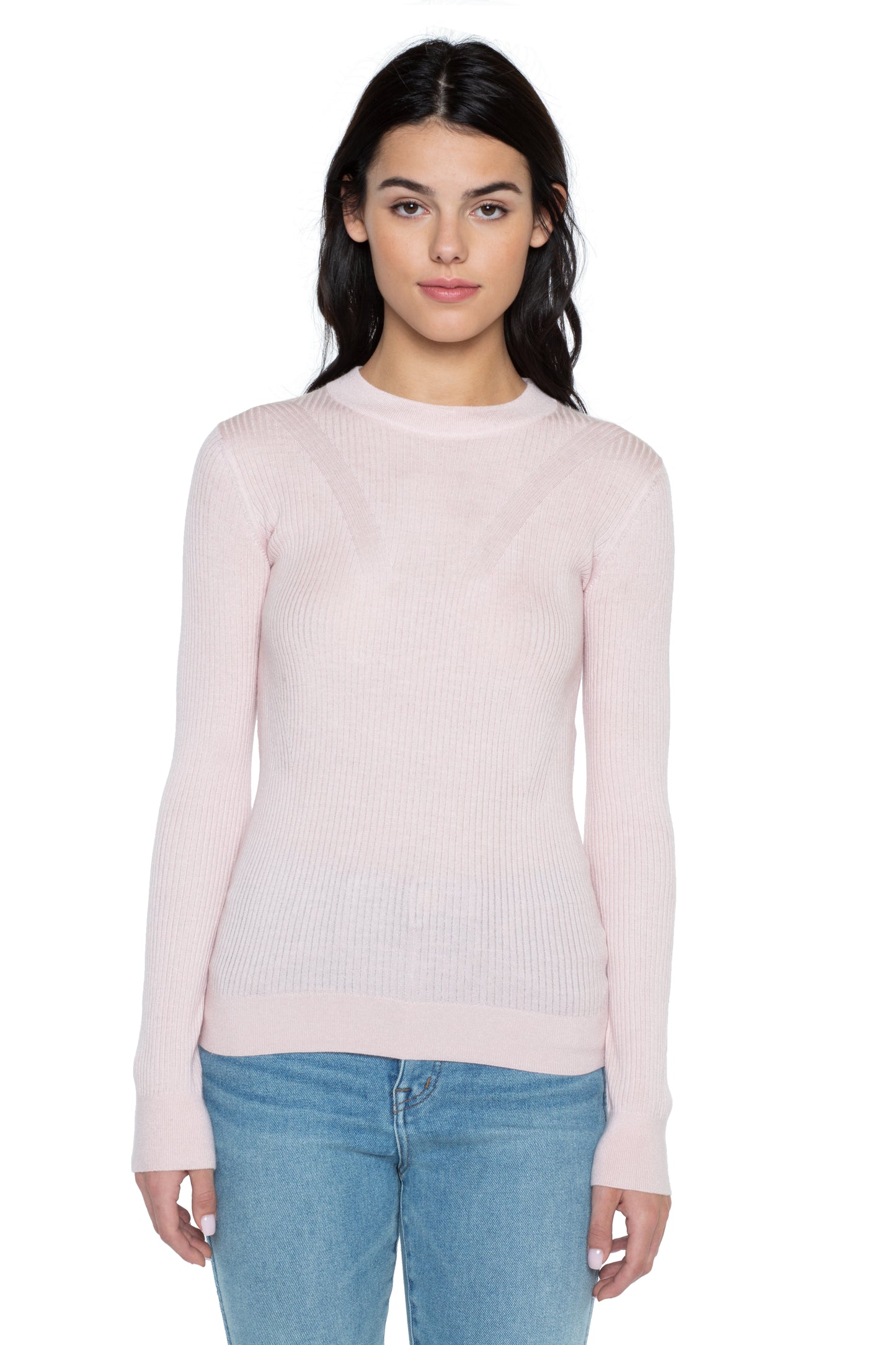 JENNIE LIU TISSUE WEIGHT 55% SILK 45% CASHMERE RIBBED LONG SLEEVE CREW NECK SWEATER