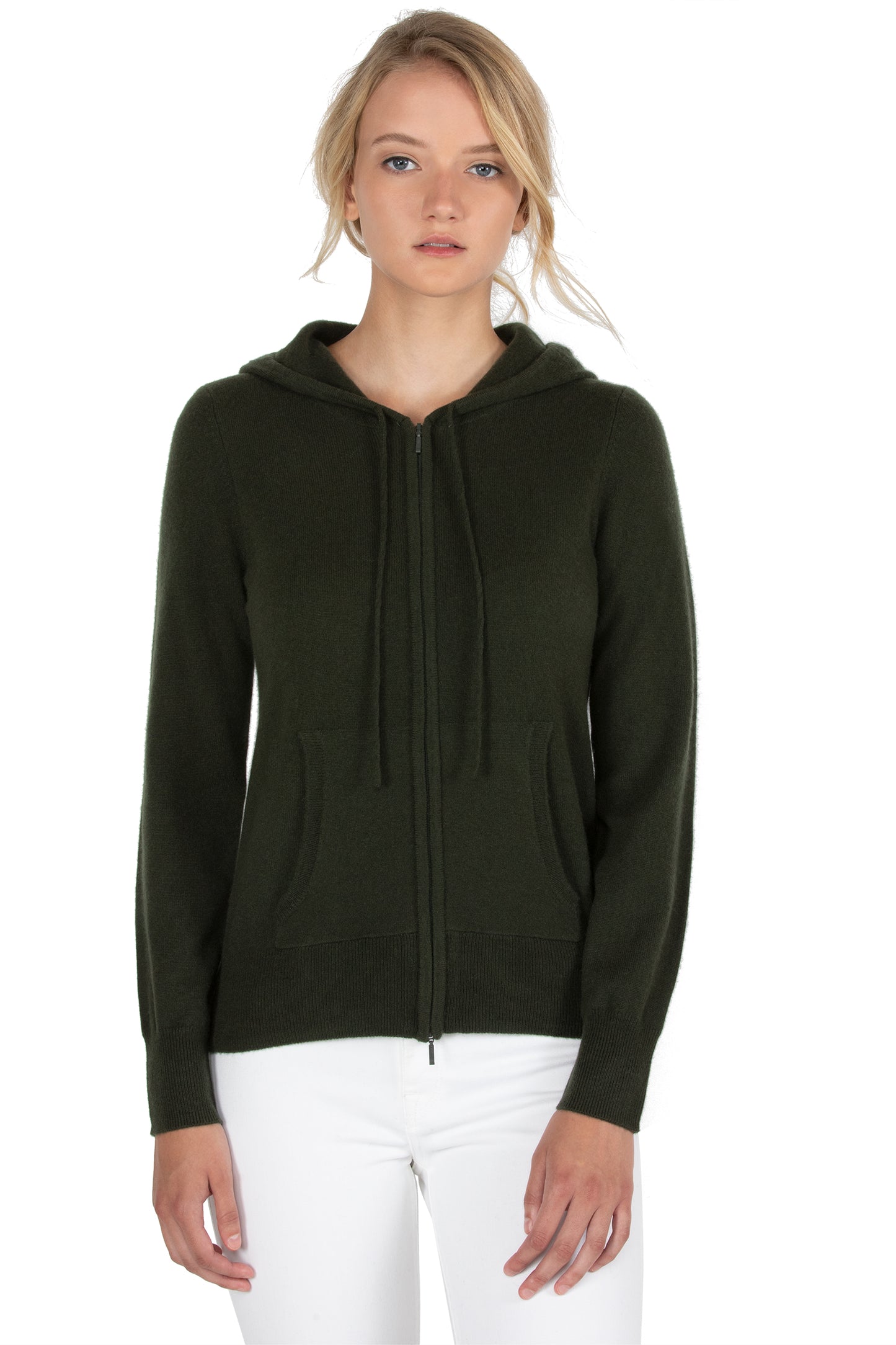 JENNIE LIU Women's 100% Pure Cashmere Long Sleeve Zip Hoodie Cardigan Sweater