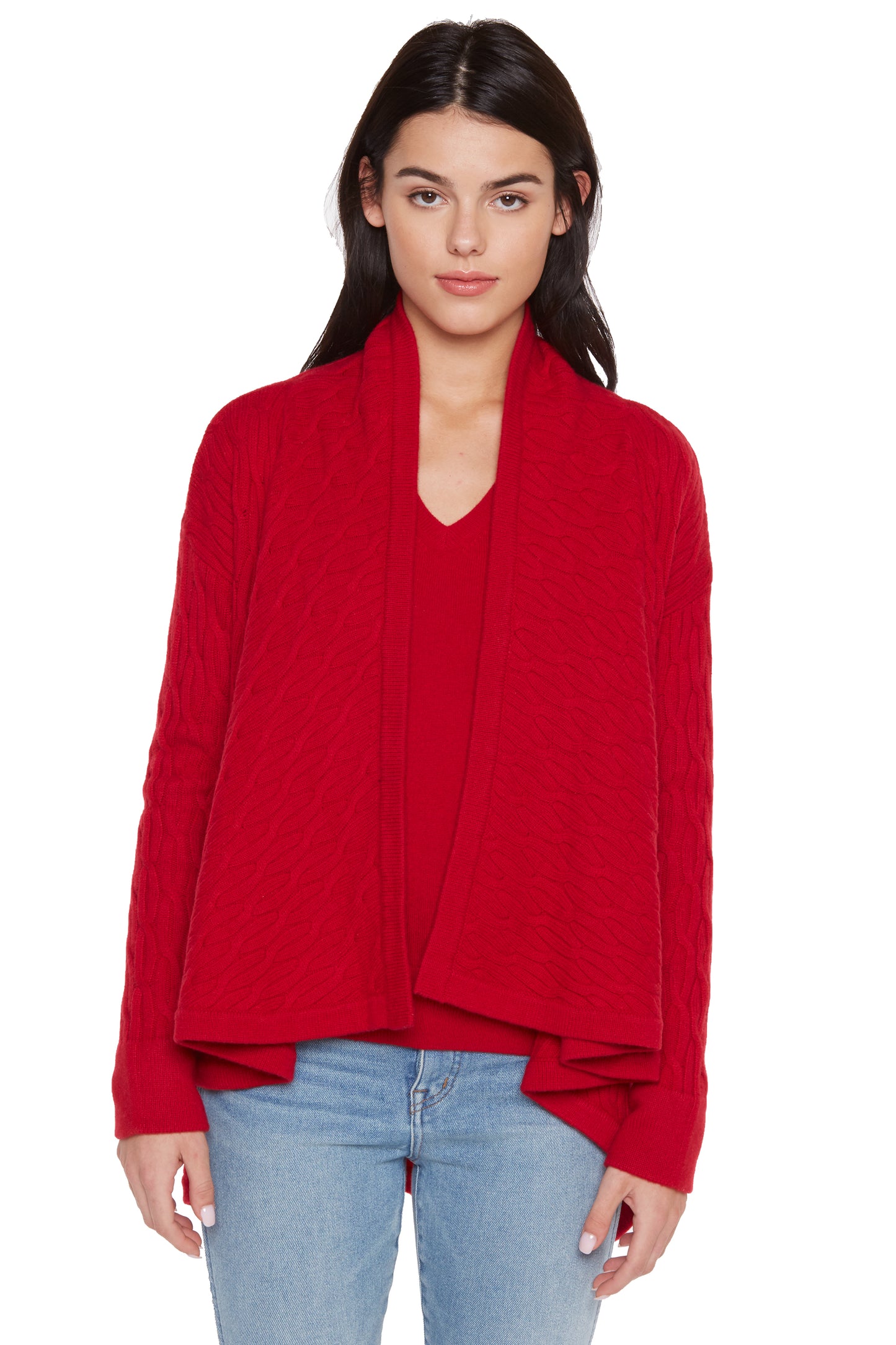 JENNIE LIU Women's 100% Pure Cashmere 4-ply Cable-Knit Drape-Front Open Cardigan Sweater