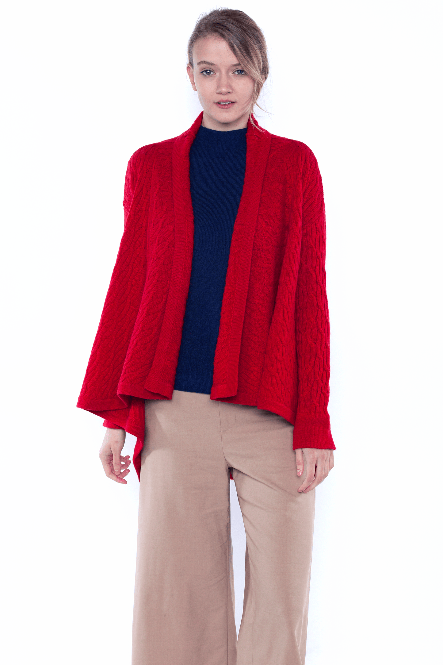 JENNIE LIU Women's 100% Pure Cashmere 4-ply Cable-Knit Drape-Front Open Cardigan Sweater