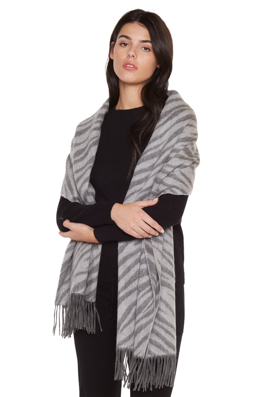 JENNIE LIU Women's 72" x 30" Large 100% Cashmere Zebra Jacquard Shawl