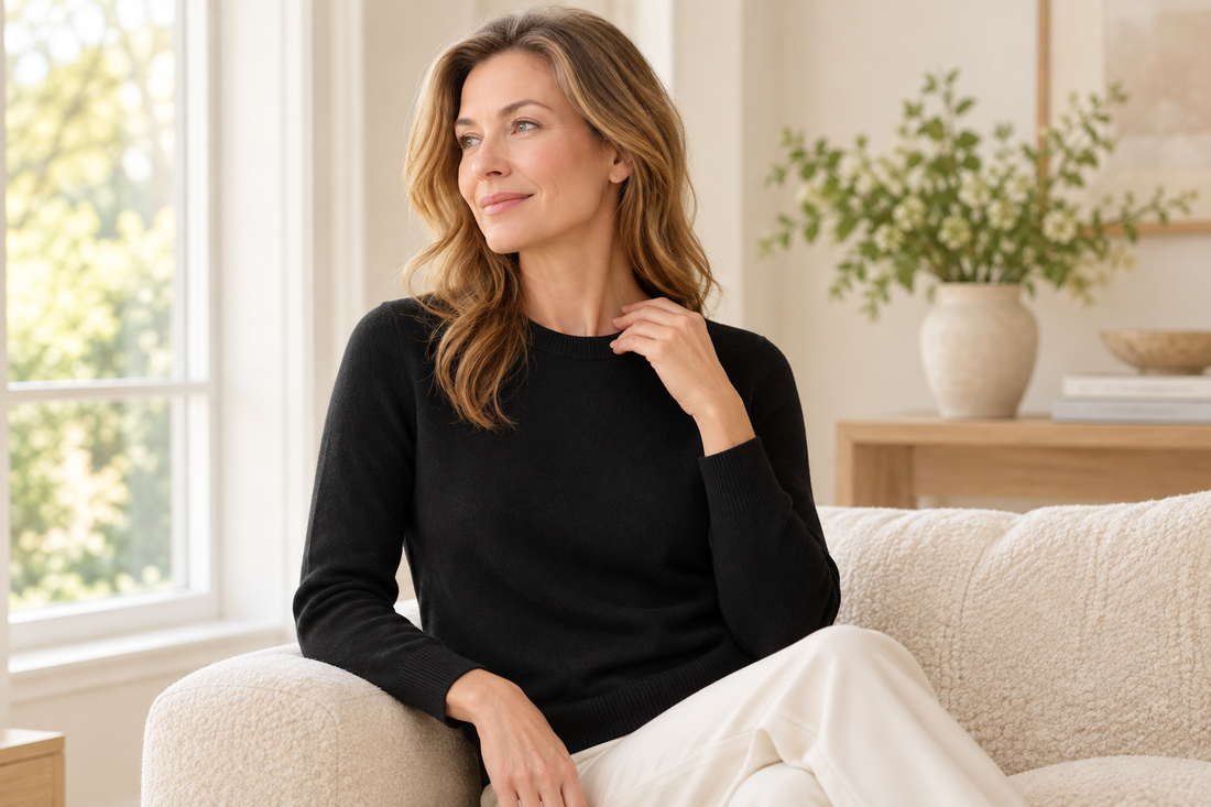 Woman wearing a black cashmere crewneck while gently checking the neckline comfort
