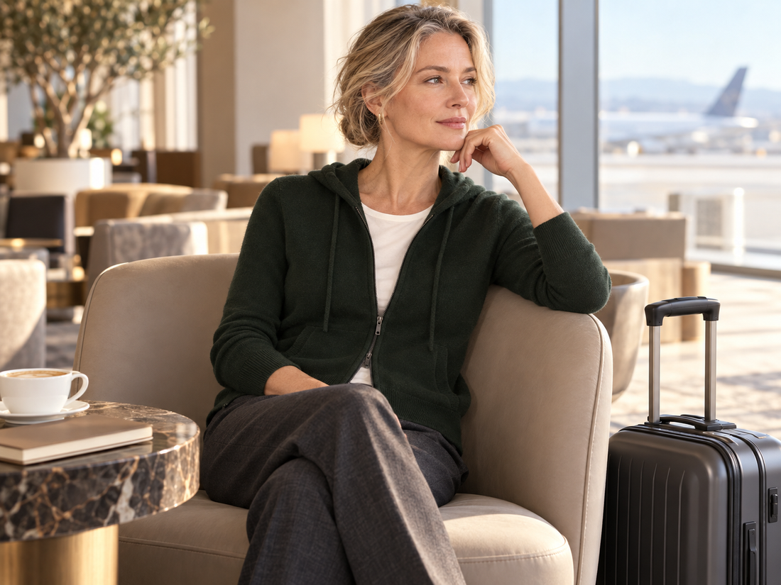 Woman wearing the deep pine style 1573 cashmere zip hoodie in an airport lounge