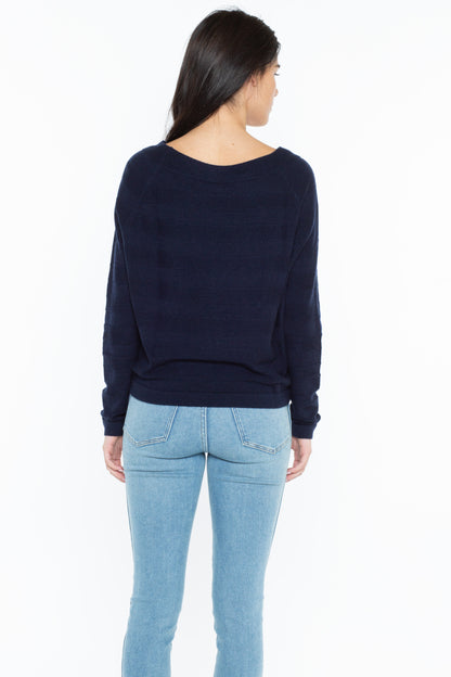 Women's Horizontal Rib Cashmere Boatneck Sweater in Navy, back view by J CASHMERE