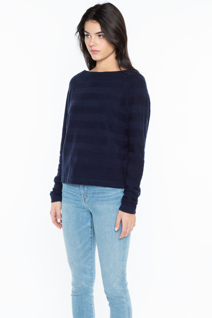 Women's Horizontal Rib Cashmere Boatneck Sweater in Navy, side view by J CASHMERE