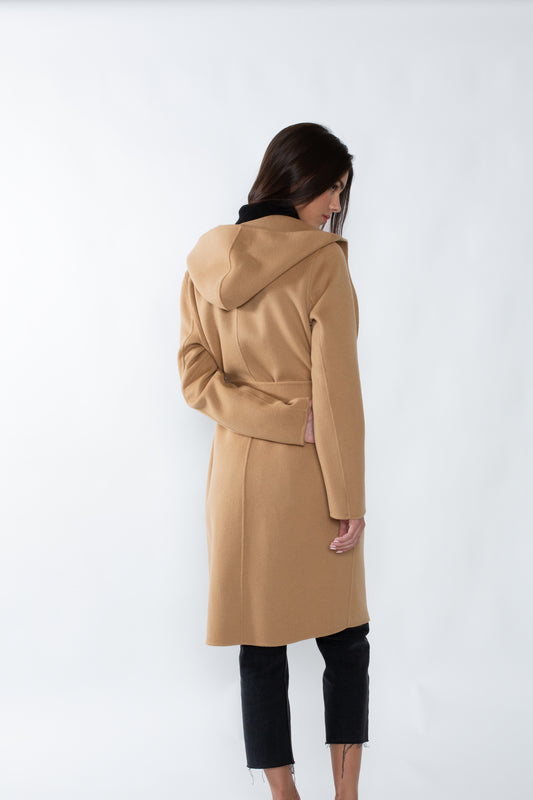 JENNIE LIU WOMEN'S CASHMERE WOOL DOUBLE FACE HOODED TRENCH COAT WITH BELT