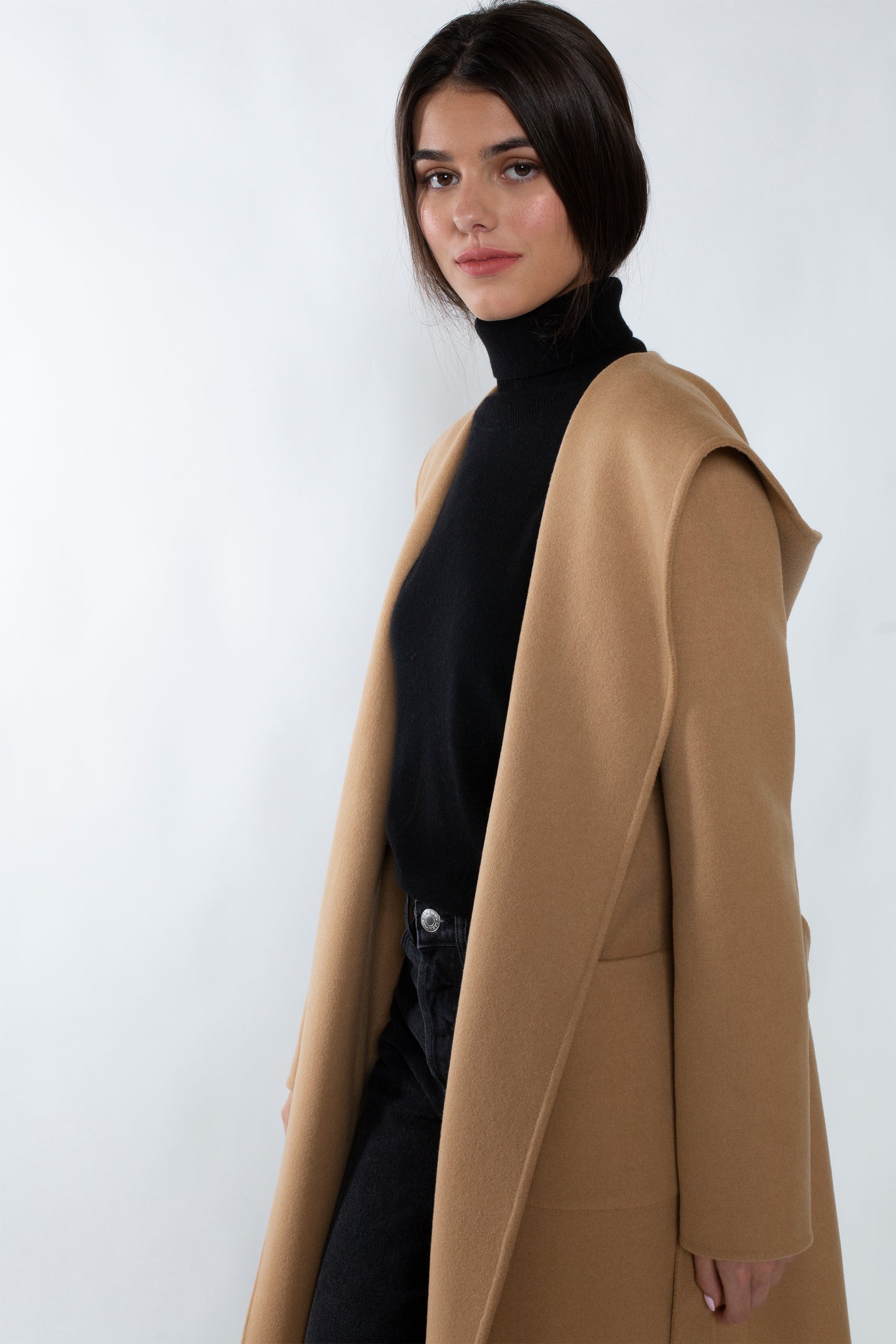 JENNIE LIU WOMEN'S CASHMERE WOOL DOUBLE FACE HOODED TRENCH COAT WITH BELT