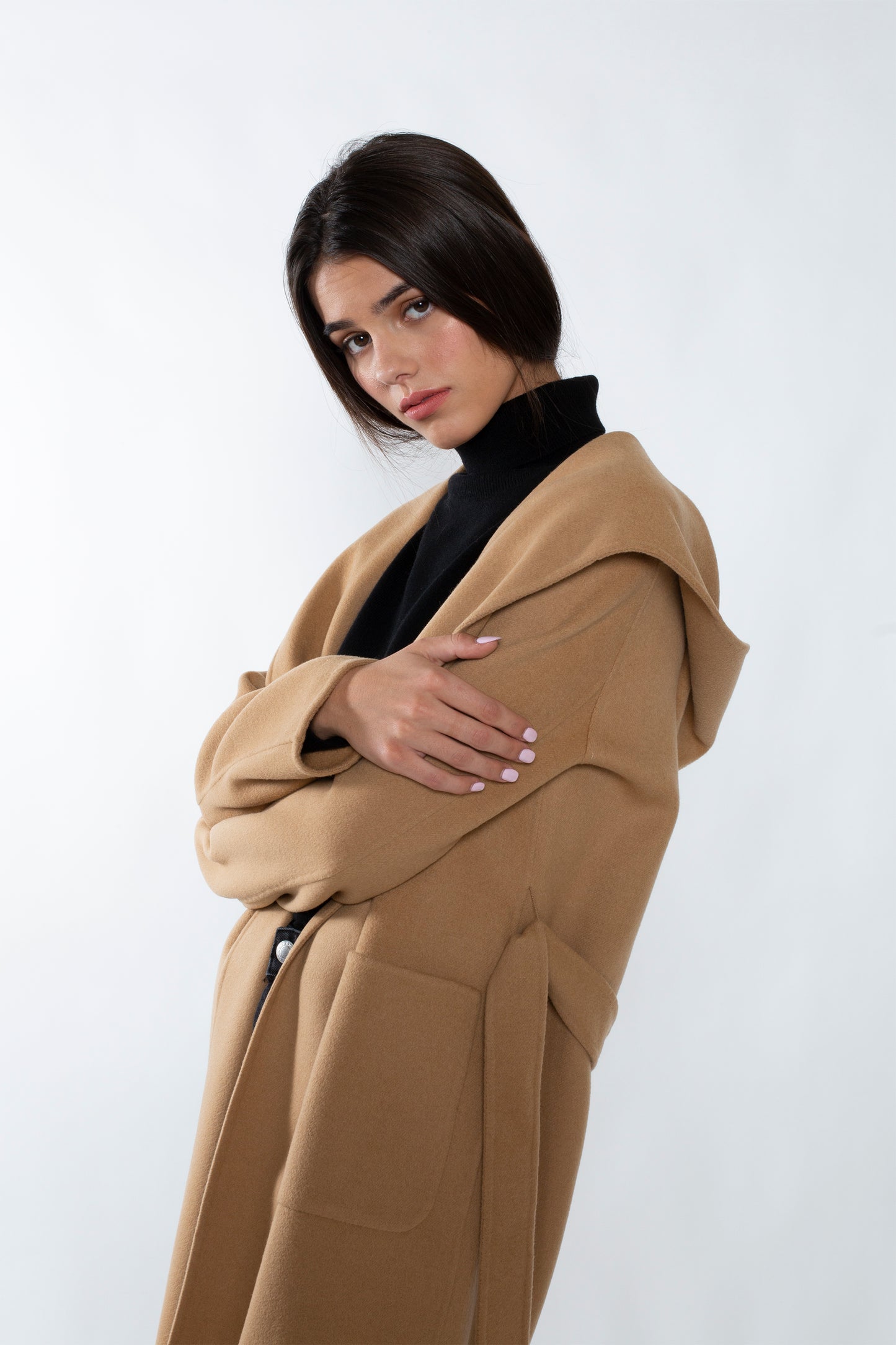 JENNIE LIU WOMEN'S CASHMERE WOOL DOUBLE FACE HOODED TRENCH COAT WITH BELT