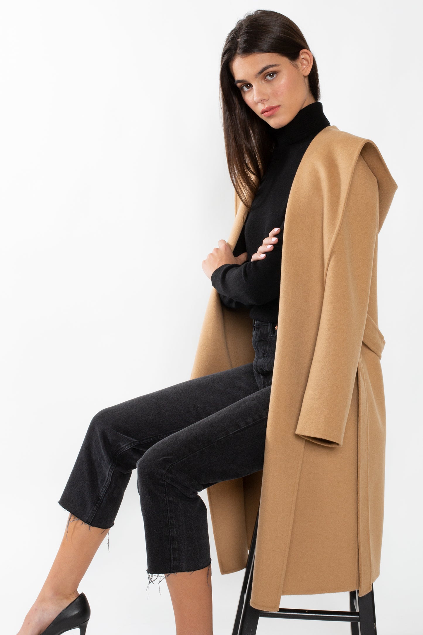 JENNIE LIU WOMEN'S CASHMERE WOOL DOUBLE FACE HOODED TRENCH COAT WITH BELT